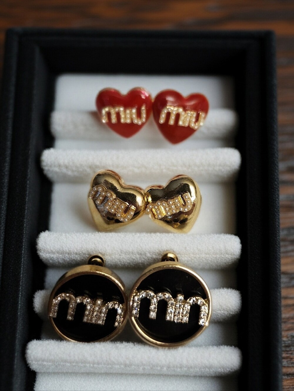 Miu Miu Red & Gold Hearts and Circle Logo Earrings Set